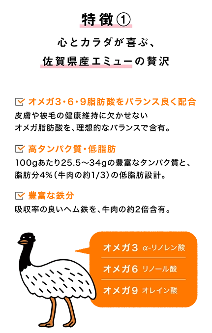 特徴１ 心とカラダが喜ぶ、佐賀県産エミューの贅沢