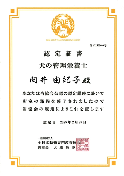 管理栄養士　賞状